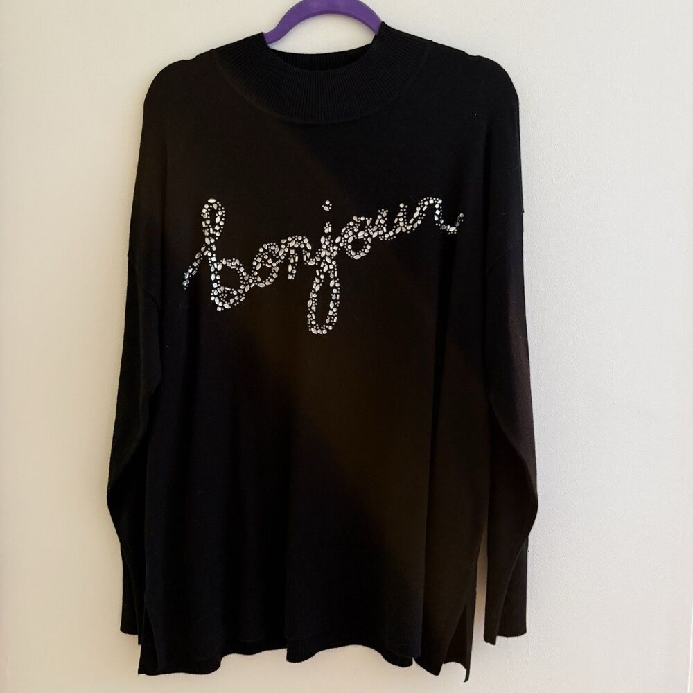 Karl Lagerfeld Paris Rhinestone Crystal Embellished Sweater Bonjour Size L NWT